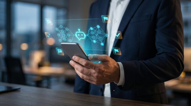 Businessman holding smartphone with AI chatbot hologram and network icons. Digital communication, artificial intelligence automation, and business technology concept.