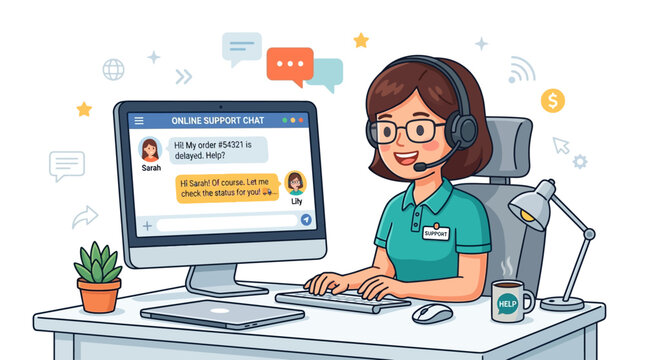 Cute cartoon of a female customer service representative wearing a headset and answering customer questions through computer chat on a modern flat illustration style screen with a minimal