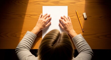 Naklejka premium Person holding a blank paper on a wooden table