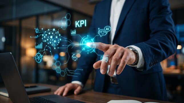 Businessman touching glowing KPI hologram with AI and analytics icons. Business performance metrics, digital transformation, and data-driven decision making concept.