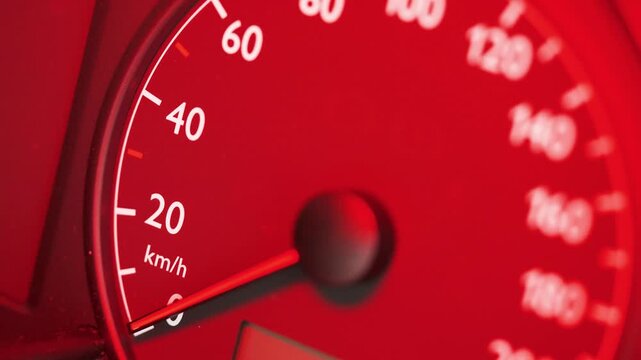 Close-up of a car speedometer showing 0 kmh with a red needle and blurred blue police lights in the background. Concept image for stopped vehicle, police control, traffic stop, road safety, law enfor