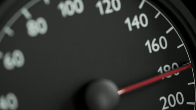 Close-up of a car speedometer with a red needle indicating high speed, with blurred blue police lights in the background. Concept image for speeding, traffic violations, police pursuit, emergency resp