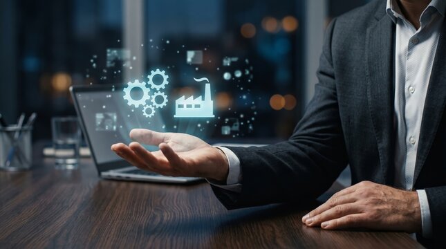 Businessman holding glowing gears and factory icons. Manufacturing optimization, industrial automation, and smart production concept.
