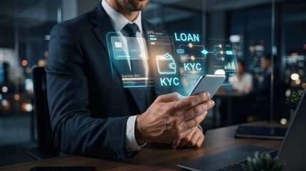 Obraz premium Businessman holding smartphone with holographic loan approval interface and KYC verification. Digital banking, fintech, and financial technology concept.