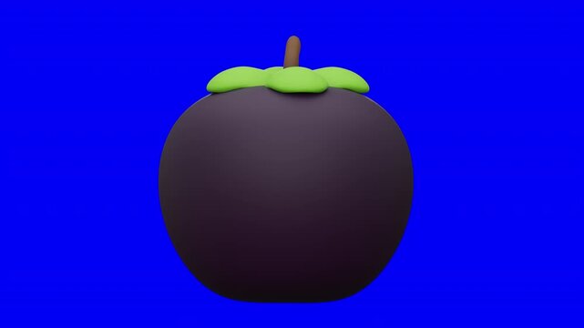 3D Mangosteen Fruit Looping Animation Rotating on Blue Screen, High Quality Realistic Purple Garcinia Mangostana Motion Graphic Isolated, CGI Mangosteen with Green Sepal for Food Video Production