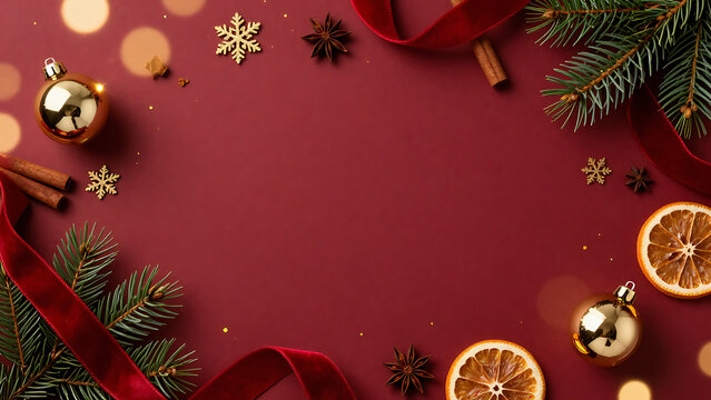 D&eacute;corations de No&euml;l dor&eacute;es et branches de sapin sur fond rouge avec tranches dorange s&eacute;ch&eacute;e