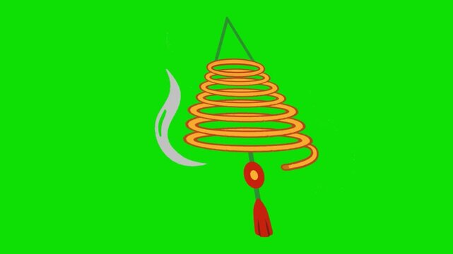 Video of a traditional Chinese spiral incense coil hanging with a red tassel on a green screen background. Cheung chau bun festival. Hand drawn.