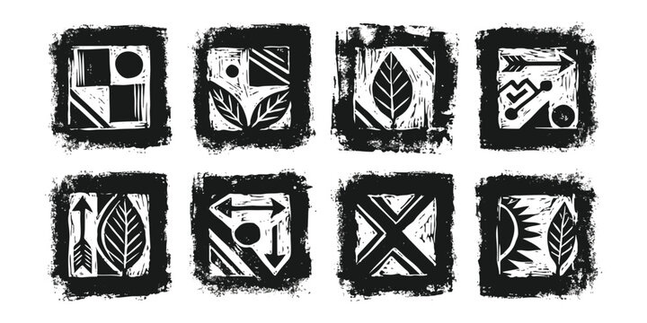 Set of hand drawn square icons with rustic woodcut style textures and geometric abstract shapes