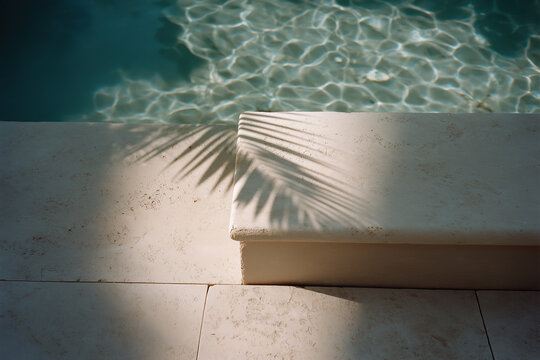 A palm frond casts delicate shadow across travertine pool coping beside shimmering turquoise vacation water.