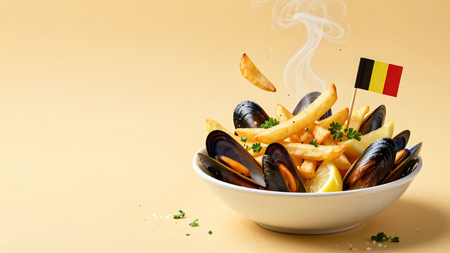 Moules marini&egrave;res dans un bol blanc avec drapeau belge et vapeur isol&eacute;
