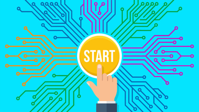 Flat vector illustration of a finger touching a start button connected to colorful neural network circuits. Ideal for machine learning, tech innovation, and automation launch.