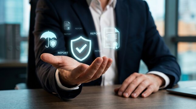 Businessman holding glowing security shield with report icons. Risk management, compliance, and data protection concept.
