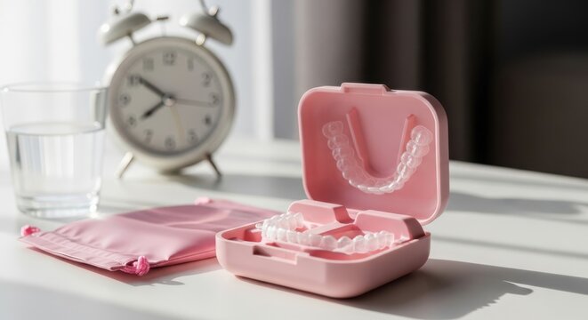 Clear aligners in pink case placed on table near water glass and alarm clock