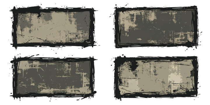 Set of four black rectangular frames with grunge distressed ink brush texture borders