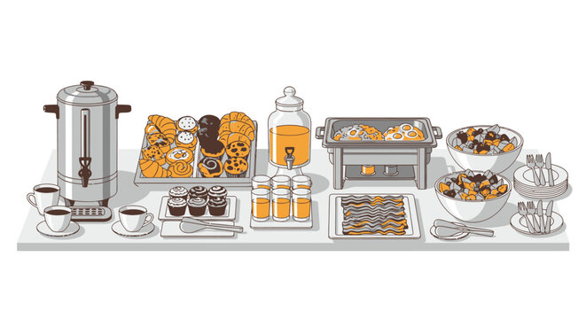Breakfast buffet illustration with assorted food and beverages on a table