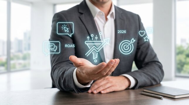 Businessman displaying glowing business icons with ROAS, growth chart, and target. Digital marketing strategy and business performance metrics concept.