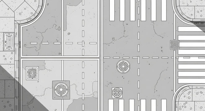 Architectural drawing of a city intersection with crosswalks and buildings.