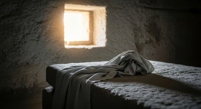 Empty tomb with linen cloth draped over stone slab in dimly lit cave, sunlight streaming through window