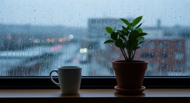 Green potted plant and coffee mug on wooden windowsill with rainy city view