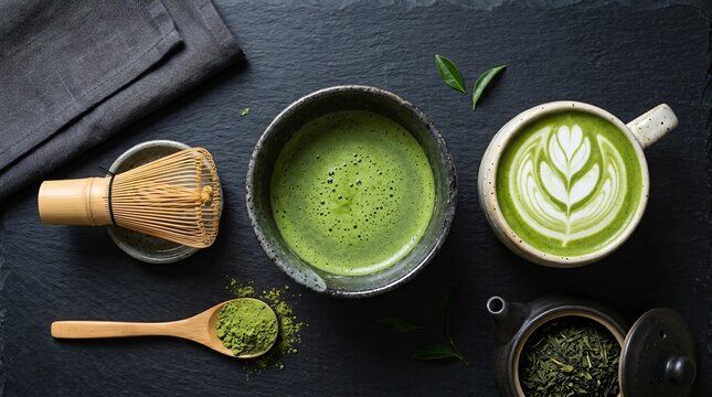 Vibrant Matcha Tea Set with Frothy Latte and Bamboo Utensils