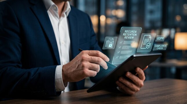 Businessman holding tablet with holographic compliance icons. Records retention review, GDPR, and data governance concept.
