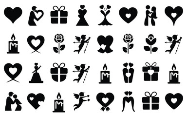 Obraz premium Seamless grid pattern of black valentine's day icons on white background with hearts couples gifts and flowers for love and romance designs