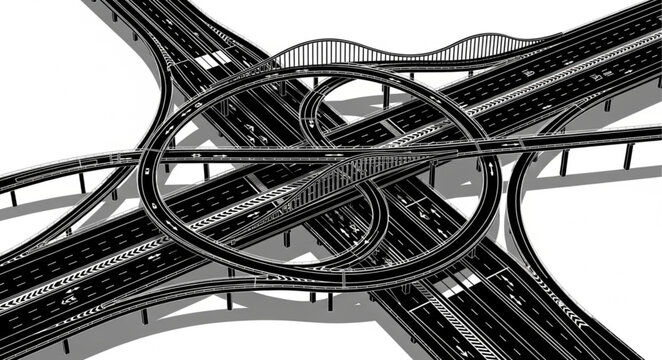 Complex highway interchange with multiple levels and ramps.