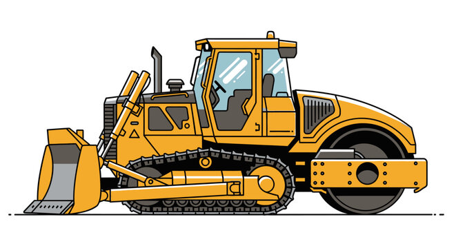Yellow construction vehicle dozer and roller combination isolated design