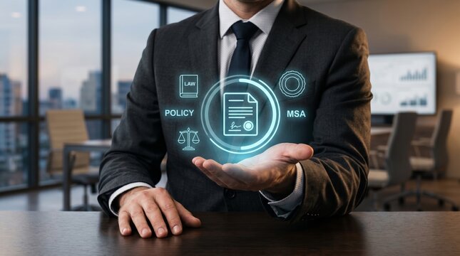 Businessman holding glowing document icon with law, policy, and MSA symbols. Legal compliance and contract management concept.