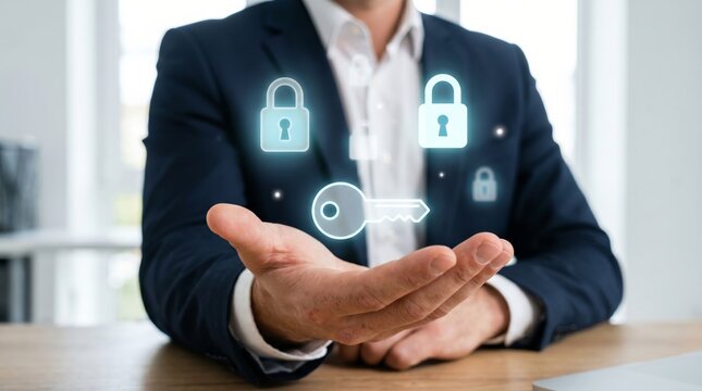 Businessman displaying security lock and key icons. Cybersecurity protection, data encryption, and digital access control concept.