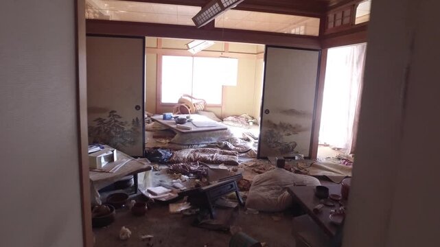 Handheld shot exploring a decaying living space frozen in time.