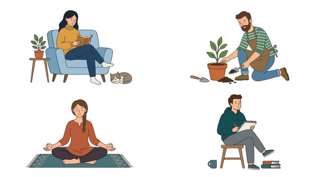 Four illustrations depicting various relaxing hobbies and leisure activities like reading, gardening, meditating, and drawing, showcasing different ways people unwind.