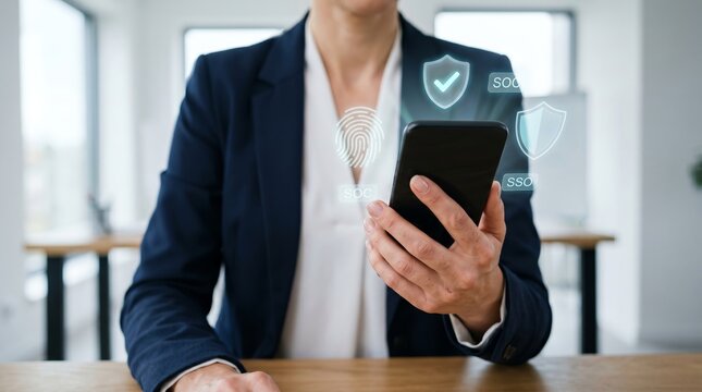 Businessman holding smartphone with biometric fingerprint and security shield icons. Digital authentication, cybersecurity, and mobile device protection concept.