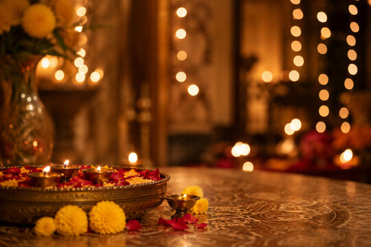 Traditional Diwali Diyas with Warm Festive Lights and Elegant Indian Decoration