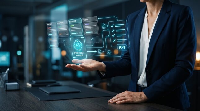 Business professional displaying digital workflow with KPI metrics and approval process. Project management, operational efficiency, and business process automation concept.