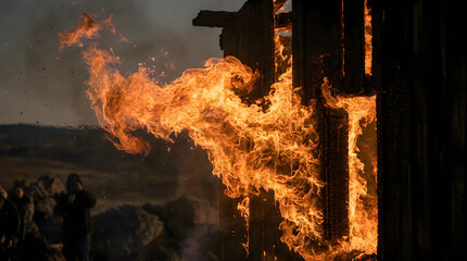 Violent flames erupting from wooden structure during intense house fire