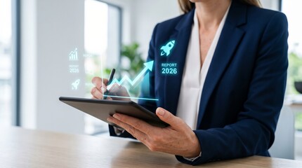 Obraz premium Businesswoman holding tablet with holographic 2026 report chart and growth rocket icon. Business analytics, digital forecasting, and strategic planning concept.