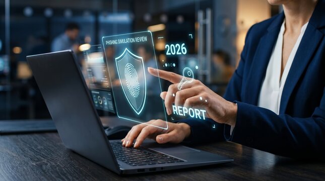 Cybersecurity professional reviewing phishing simulation report with holographic interface. Security awareness training and threat detection concept.