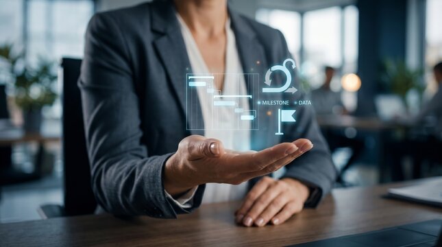 Business professional holding holographic project management icons with milestone and data symbols. Agile planning, digital workflow, and strategic goal tracking concept.