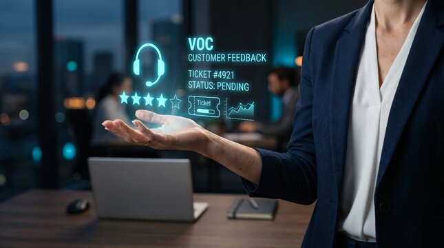 Business professional displaying holographic customer feedback interface with five-star rating. Voice of customer VOC support ticket management and service quality concept.