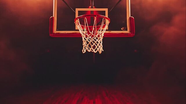 Dramatic basketball court with orange spotlighting and thick smoke in a professional indoor arena