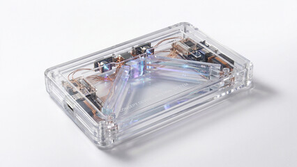 Fototapeta premium Transparent electronic device with internal components on white background