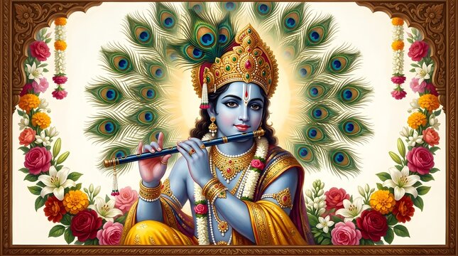 Lord krishna illustration vibrant indian mythology artwork of the flute playing hindu deity with peacock feathers
