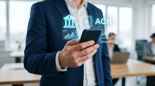 Businessman holding smartphone with banking, security, and financial icons. Digital fintech, secure transactions, and ACH payment processing concept.