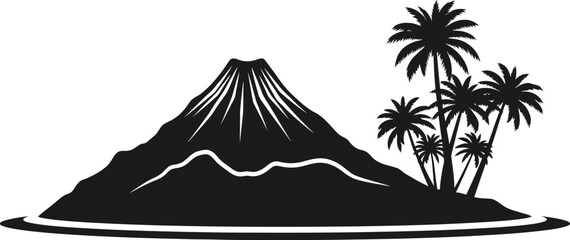 Volcano mountain silhouette displays a jagged peak with lush palm trees clustered at the base, creating a dramatic natural landmark suitable for adventurous travel and exploration themes. © amirhamzaaa