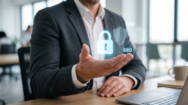 Businessman presenting digital security icons with padlock and fingerprint. Cybersecurity, data protection, and SSO authentication concept.