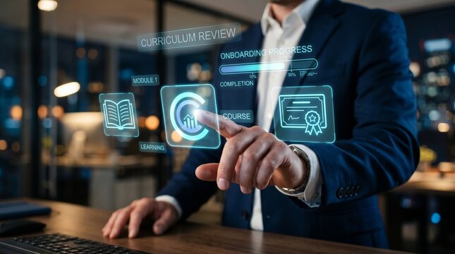 Businessman interacting with holographic learning management system icons. Online education, employee training, and digital course completion concept.