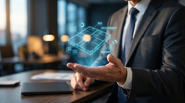 Businessman holding holographic building floor plan with occupancy and ROI data. Real estate analytics, property management, and smart building technology concept.
