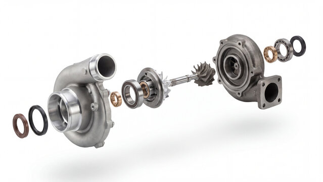 Exploded view of a mechanical turbocharger on a white background components shown