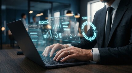 Fototapeta premium Businessman using laptop with holographic agile project management dashboard. Sprint planning, KPI metrics, task tracking, and digital workflow concept.